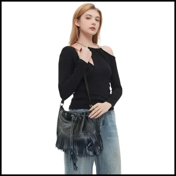 Vegan Leather Hobo Bag Fringe Tassel Western Boho Crossbody Shoulder Purse - Picture 2 of 7